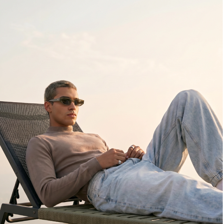 Man lounging on a chair wearing sunglasses and casual clothing with a neutral background