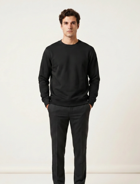 Man wearing a black sweater and dark pants on a white background